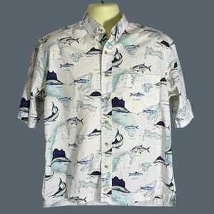 Bimini Bay Outfitters Mens Medium Fishing Shirt White Marlin Fish Map Cotton
